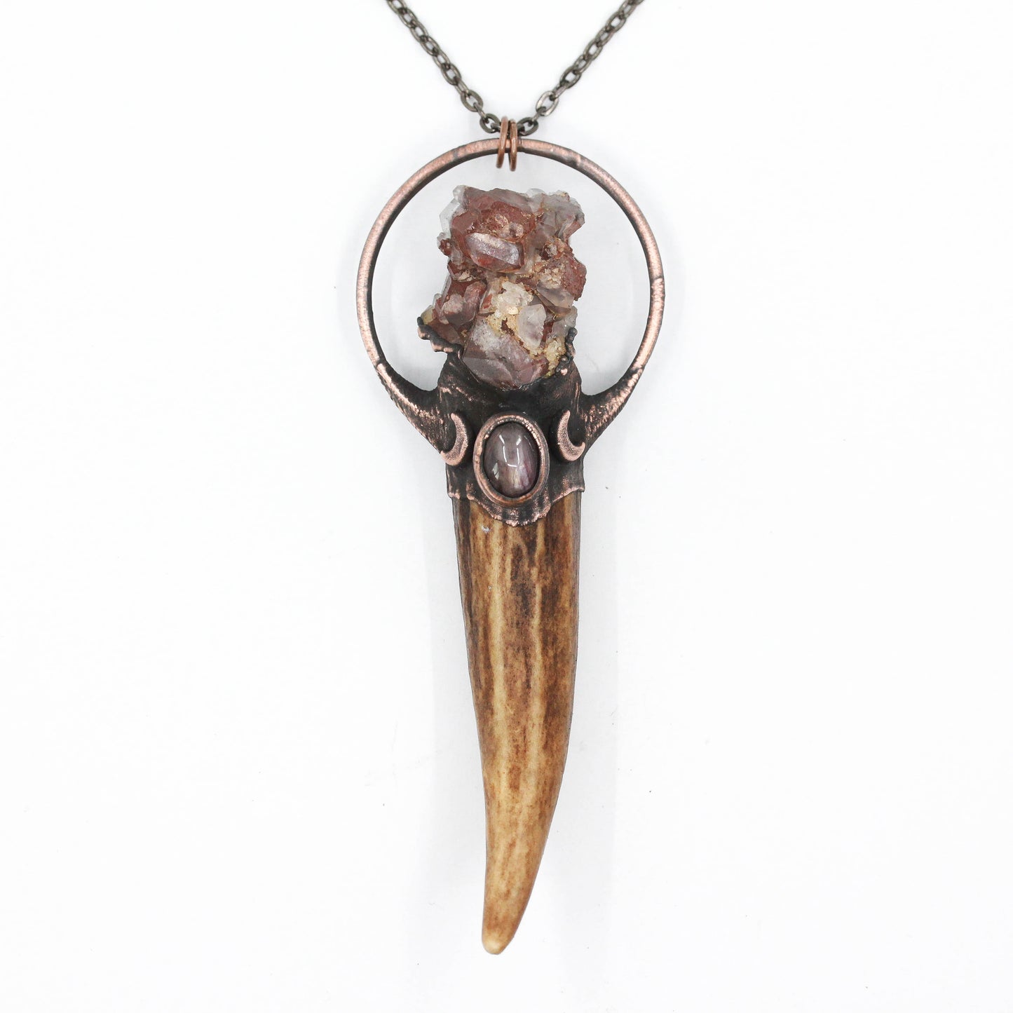 Deer Antler, Orange River Quartz & Star Ruby Moon Necklace