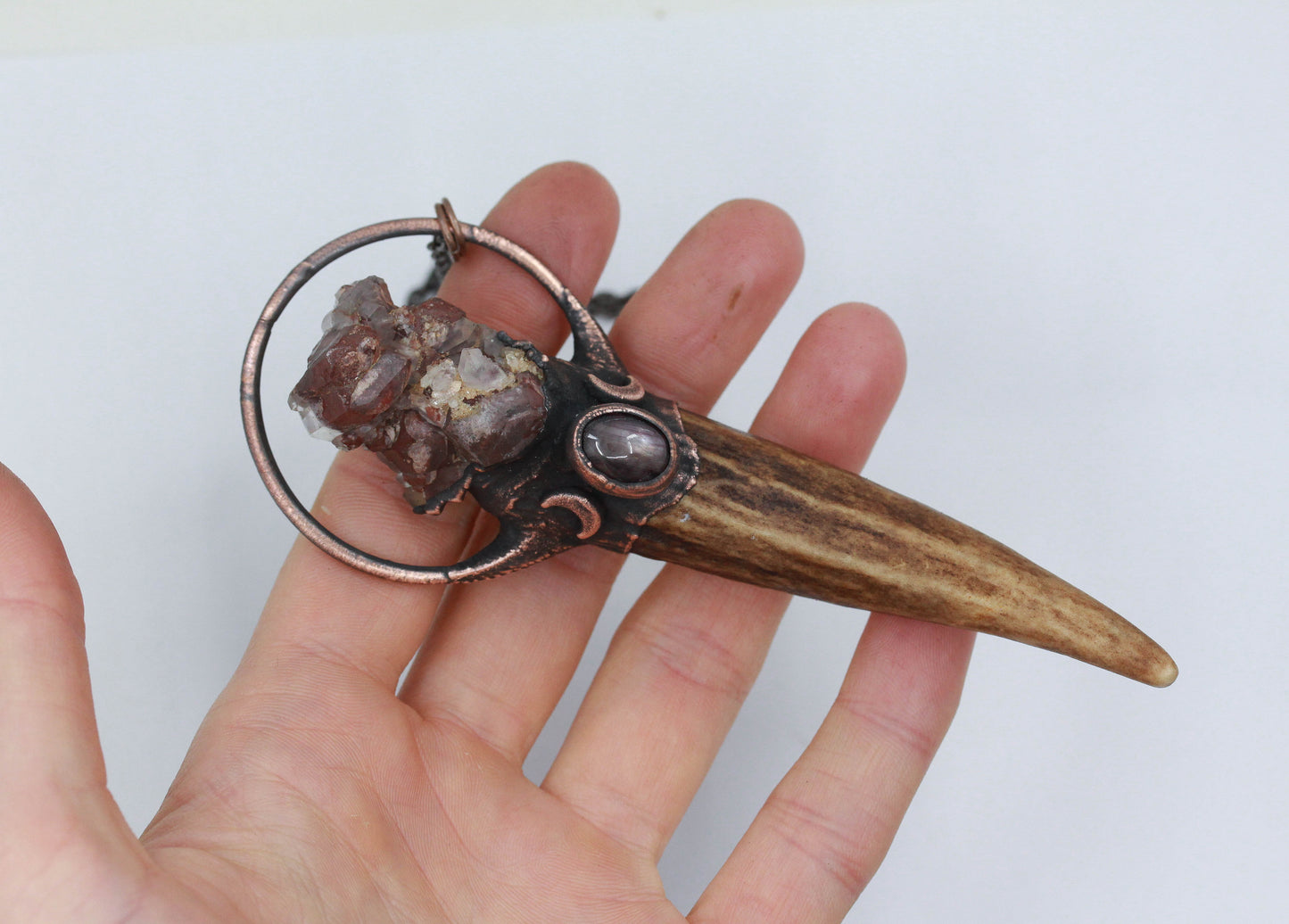 Deer Antler, Orange River Quartz & Star Ruby Moon Necklace