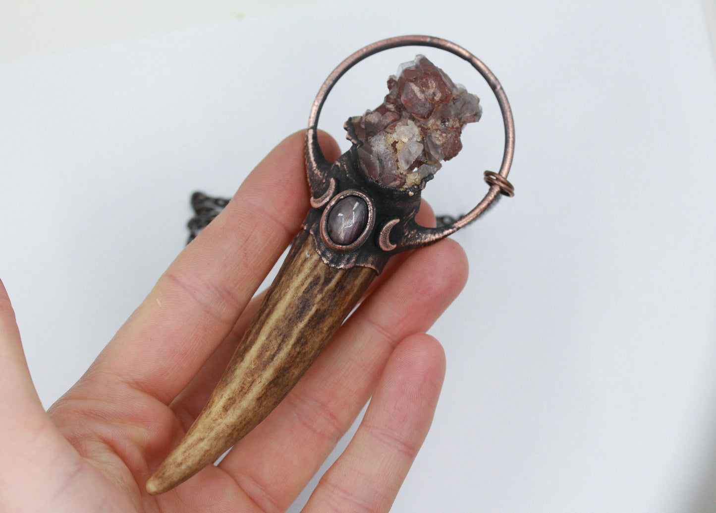 Deer Antler, Orange River Quartz & Star Ruby Moon Necklace
