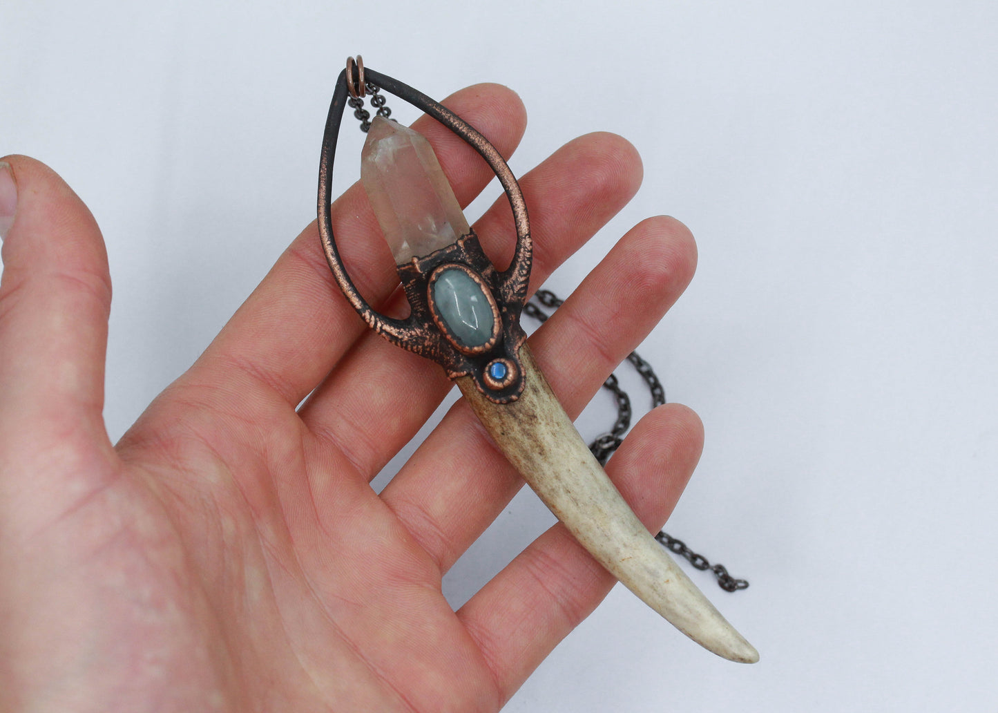 Deer Antler, Quartz & Aquamarine Crystal Necklace