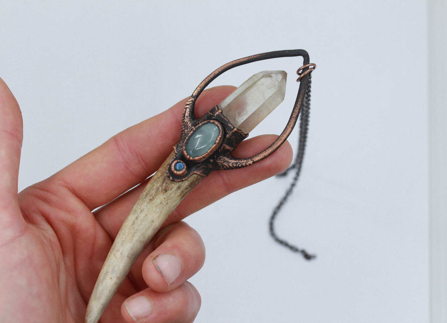 Deer Antler, Quartz & Aquamarine Crystal Necklace