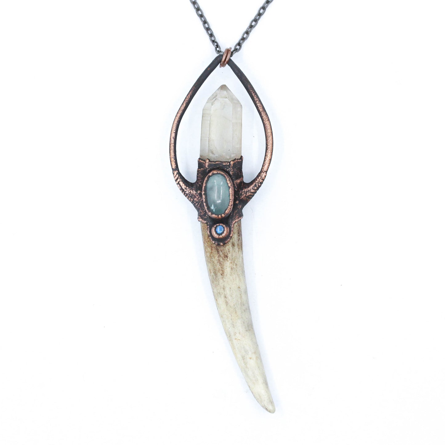 Deer Antler, Quartz & Aquamarine Crystal Necklace
