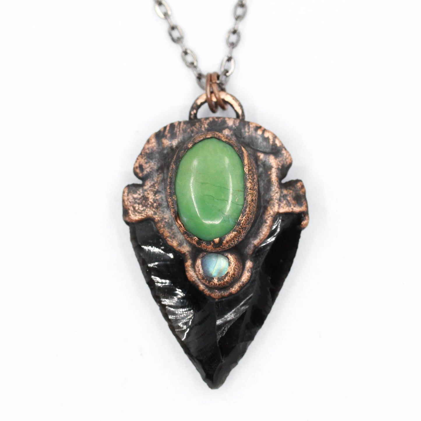 Extra Large Obsidian Arrowhead & Chrysoprase Necklace