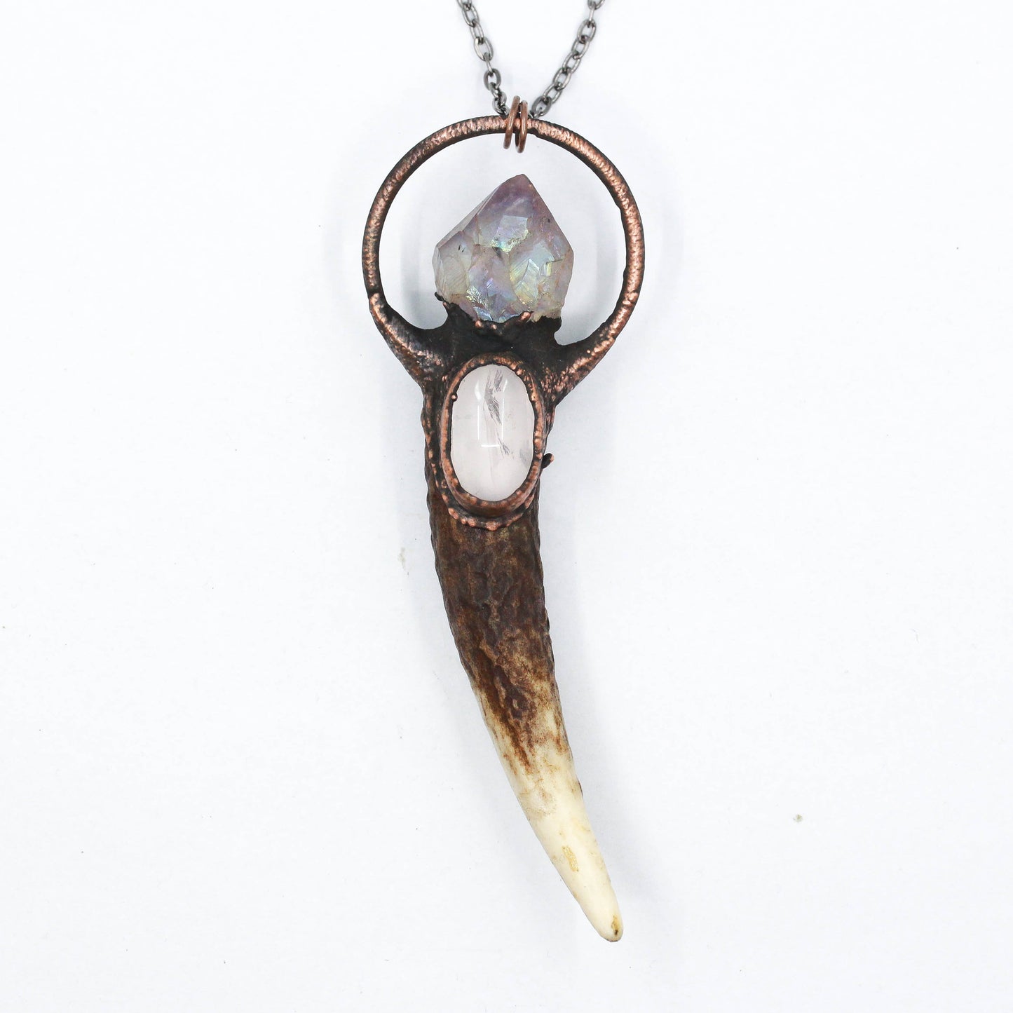 Deer Antler, Aura Amethyst & Rose Quartz Necklace