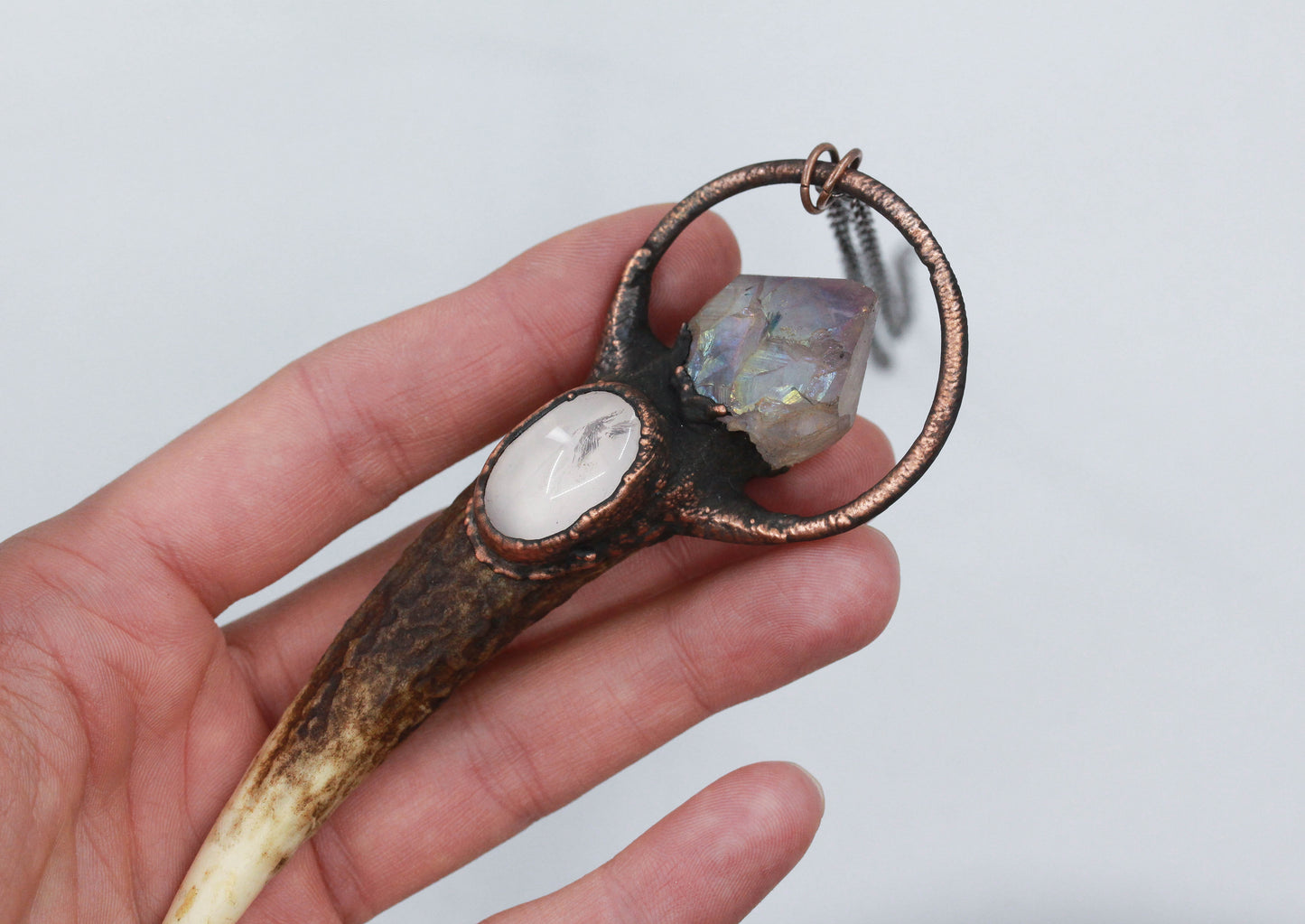 Deer Antler, Aura Amethyst & Rose Quartz Necklace