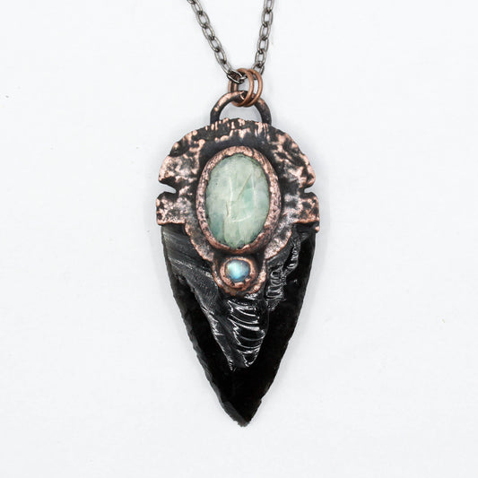 Extra Large Obsidian Arrowhead & Aquamarine Necklace