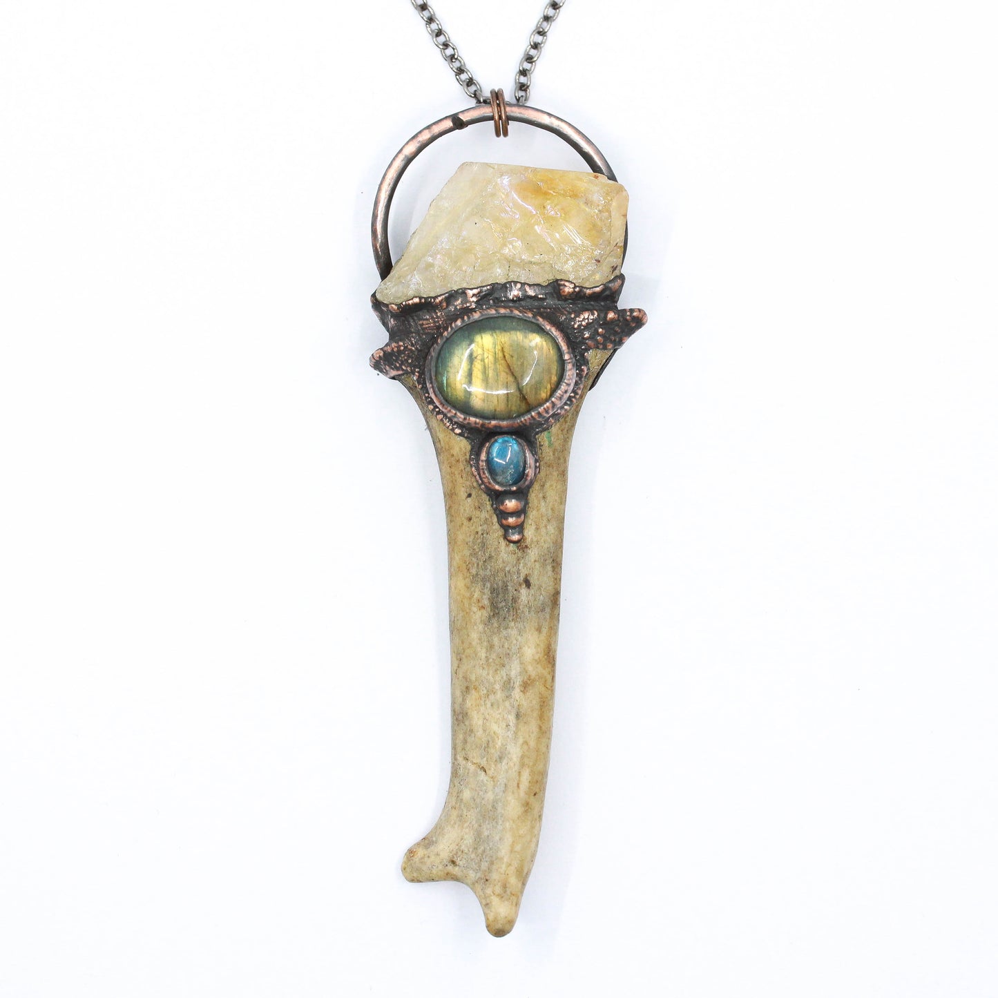 Large Deer Antler, Aura Citrine & Labradorite Necklace