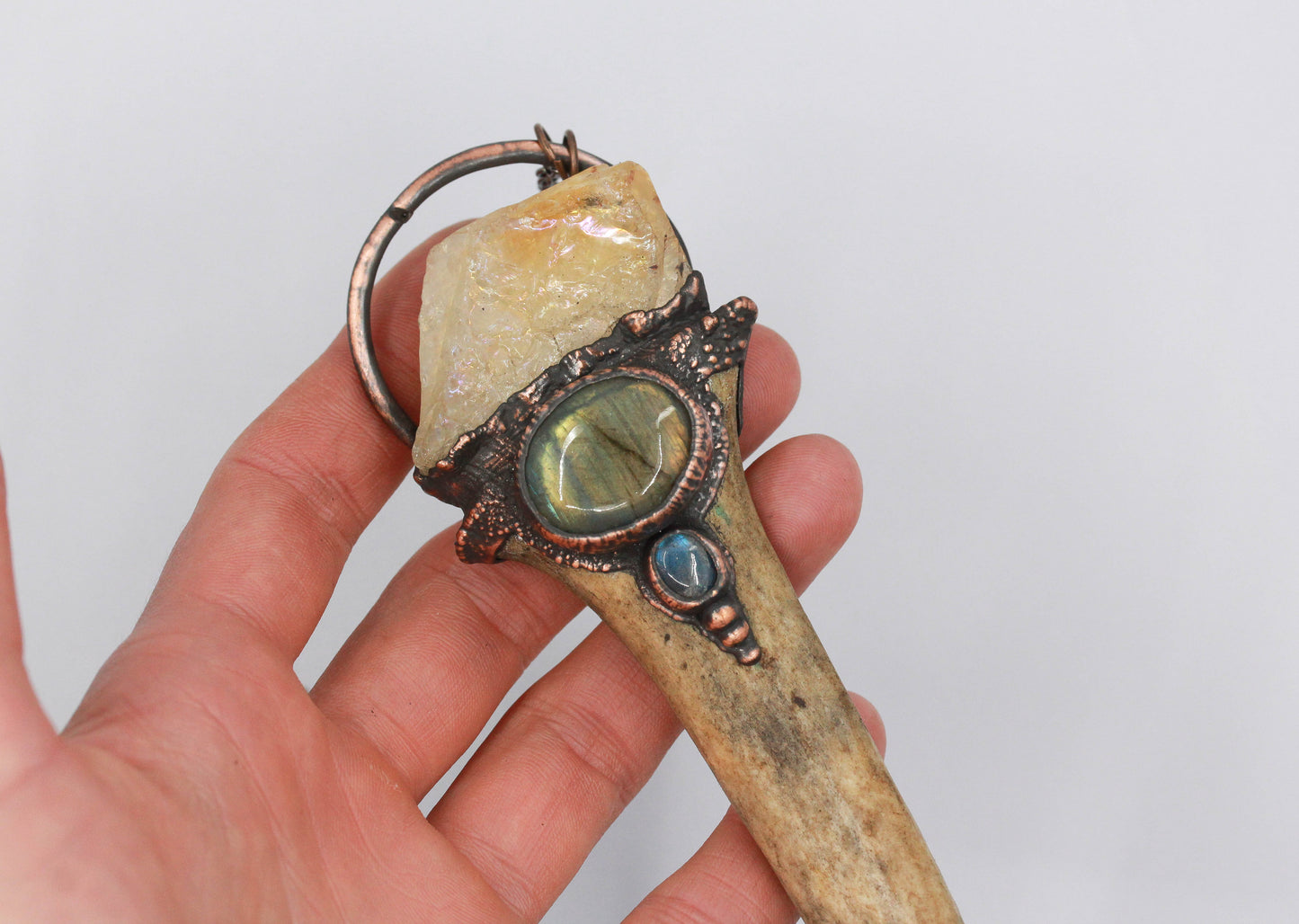 Large Deer Antler, Aura Citrine & Labradorite Necklace