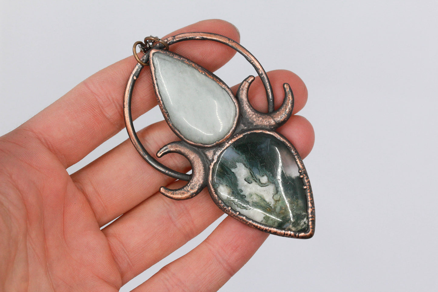 Grey Moonstone & Moss Agate Moon Necklace