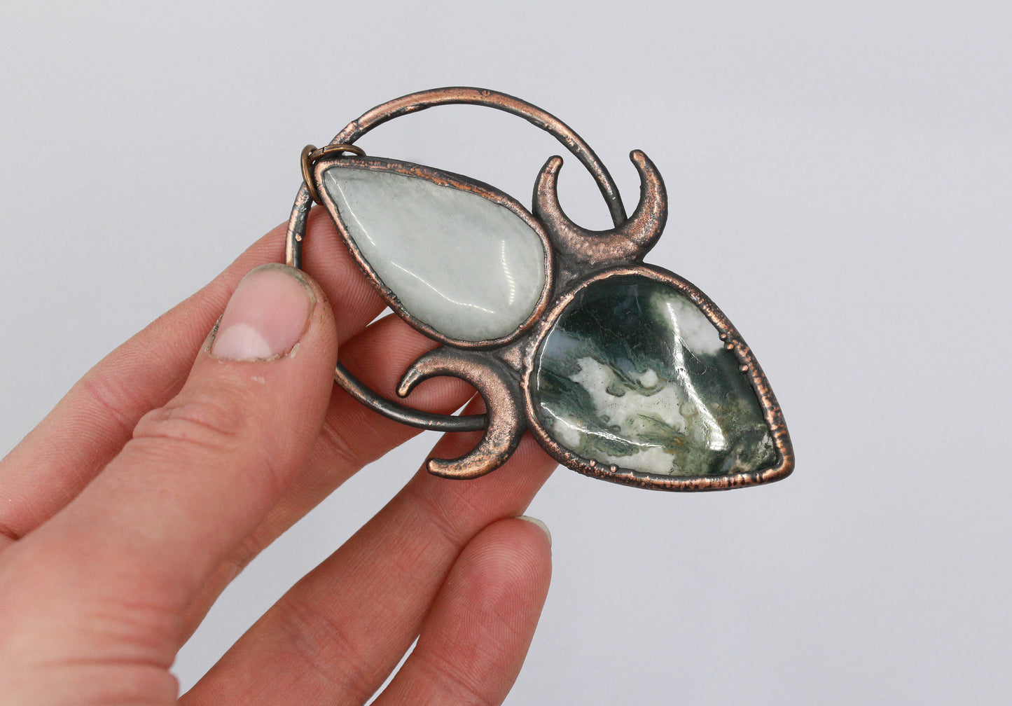 Grey Moonstone & Moss Agate Moon Necklace