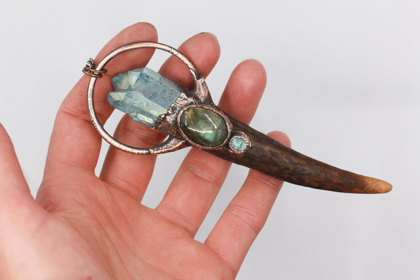 Deer Antler, Aqua Aura Quartz & Labradorite Necklace