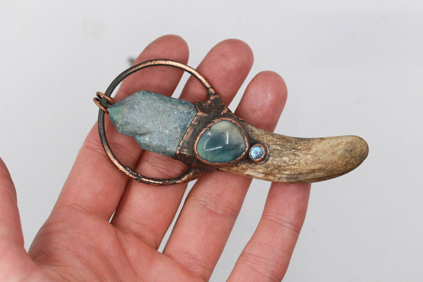 Deer Antler, Aqua Aura Quartz & Fluorite Necklace