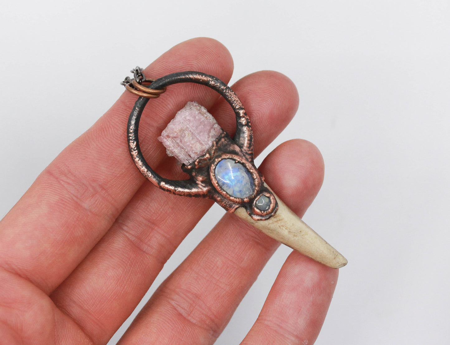 Small Deer Antler, Pink Tourmaline & Moonstone Necklace