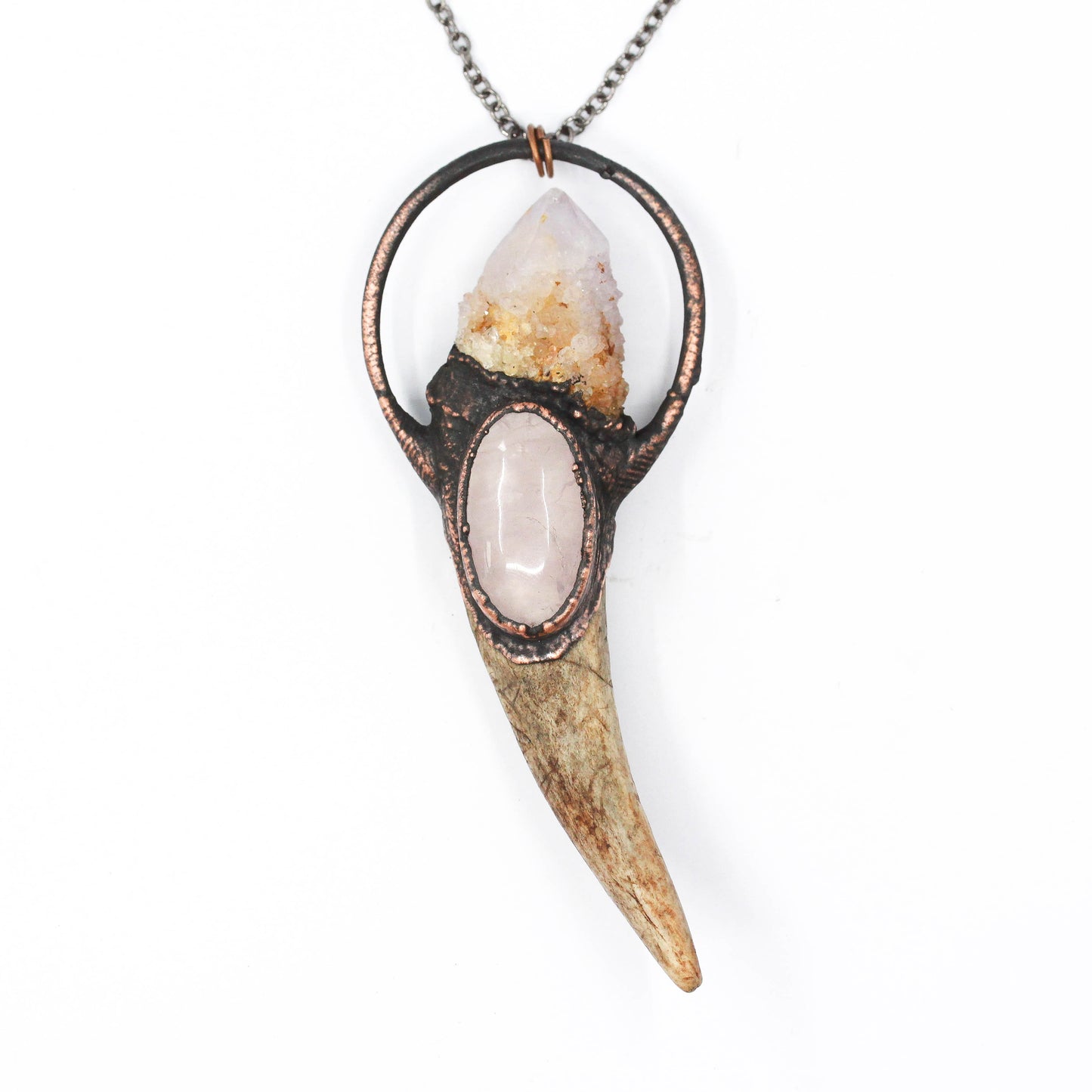 Deer Antler, Spirit Quartz & Rose Quartz Necklace