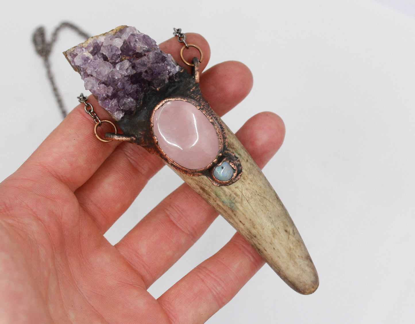 Deer Antler, Amethyst & Rose Quartz Necklace