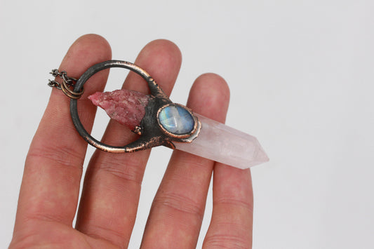 Rose Quartz, Rhodonite & Moonstone Necklace