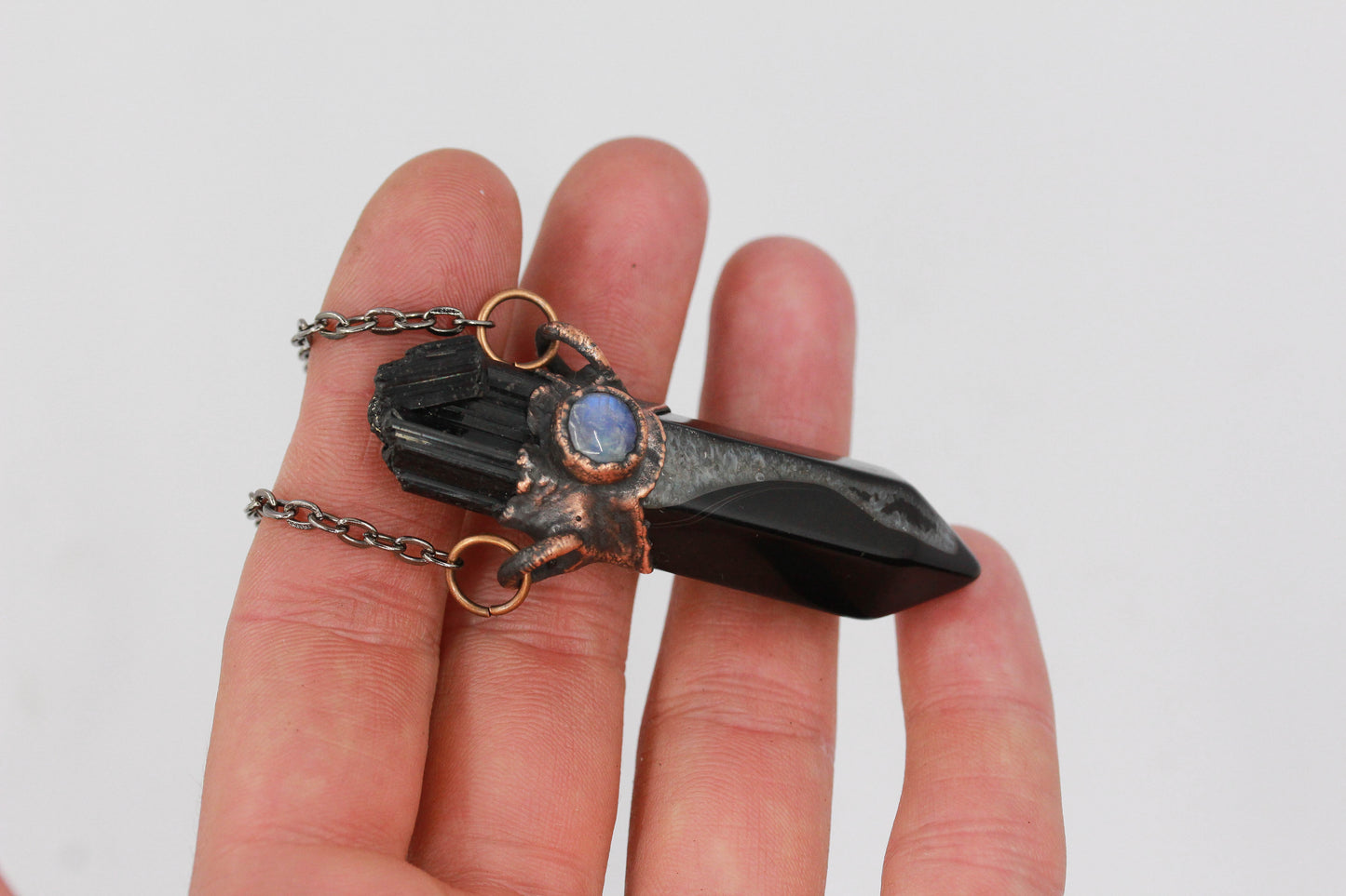 Banded Agate, Black Tourmaline & Moonstone Necklace
