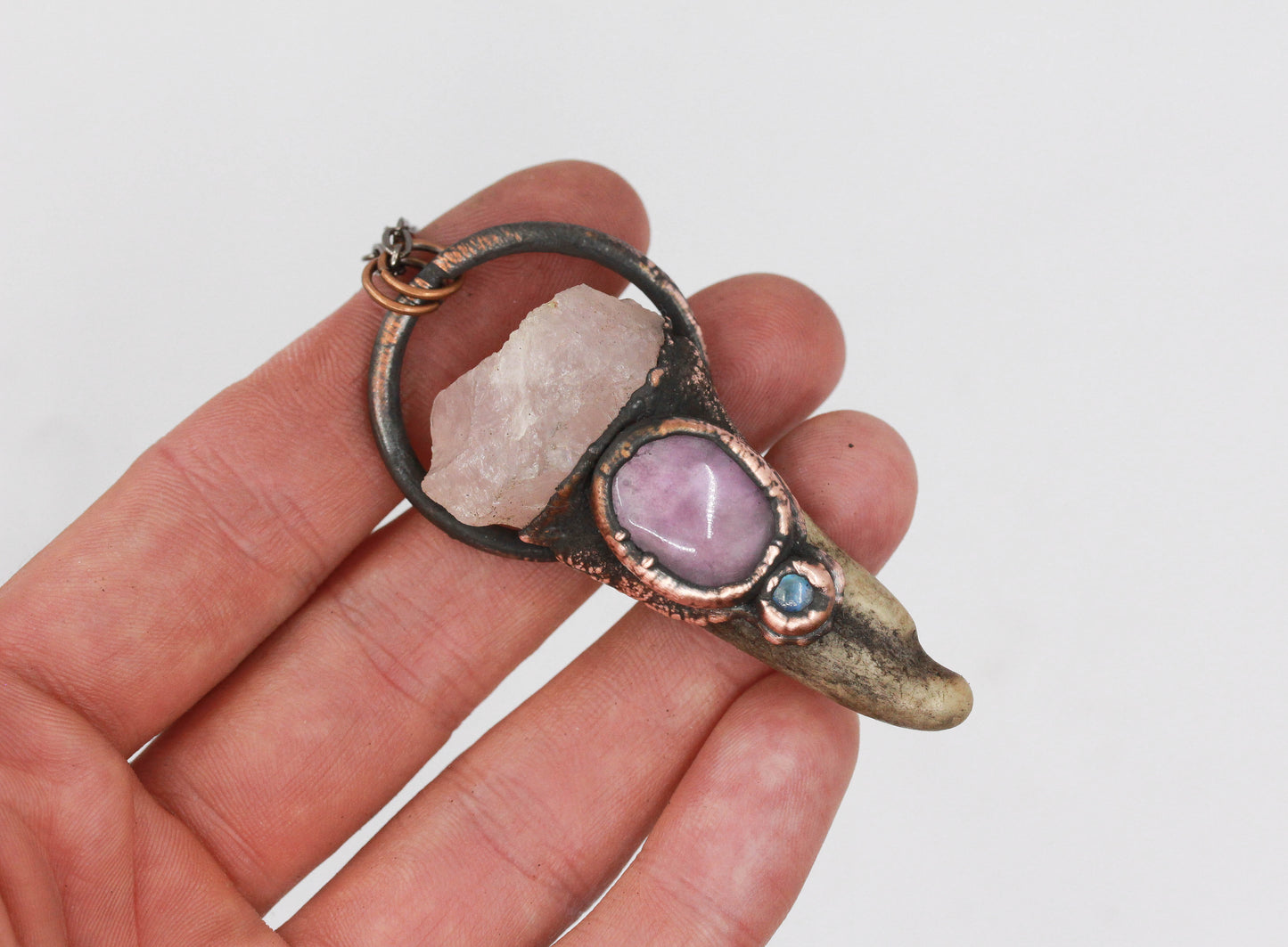 Deer Antler, Rose Quartz, Fluorite & Moonstone Necklace