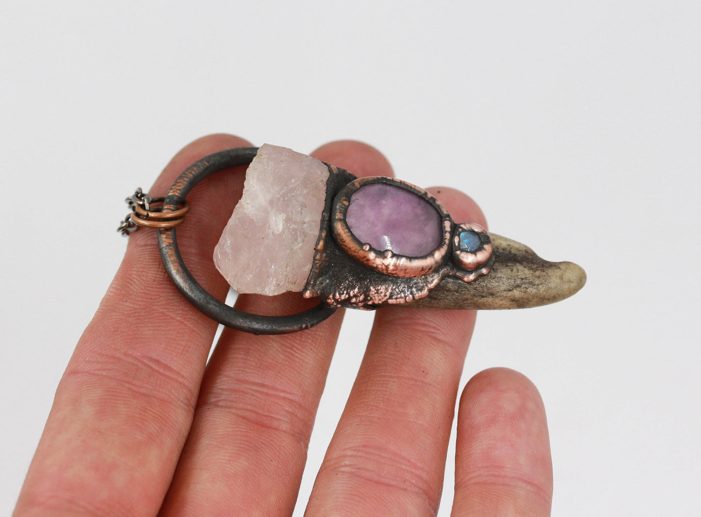 Deer Antler, Rose Quartz, Fluorite & Moonstone Necklace