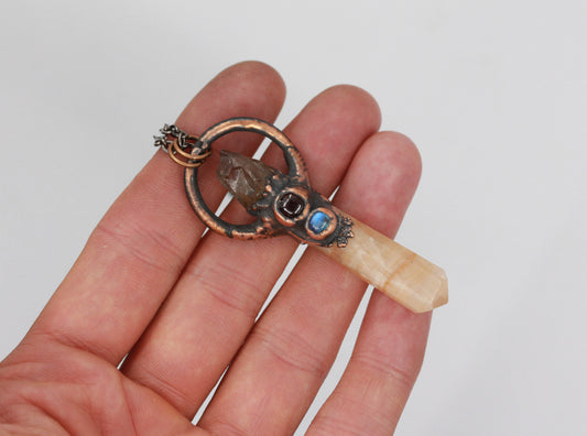 Orange Calcite, Smoky Quartz & Garnet Necklace