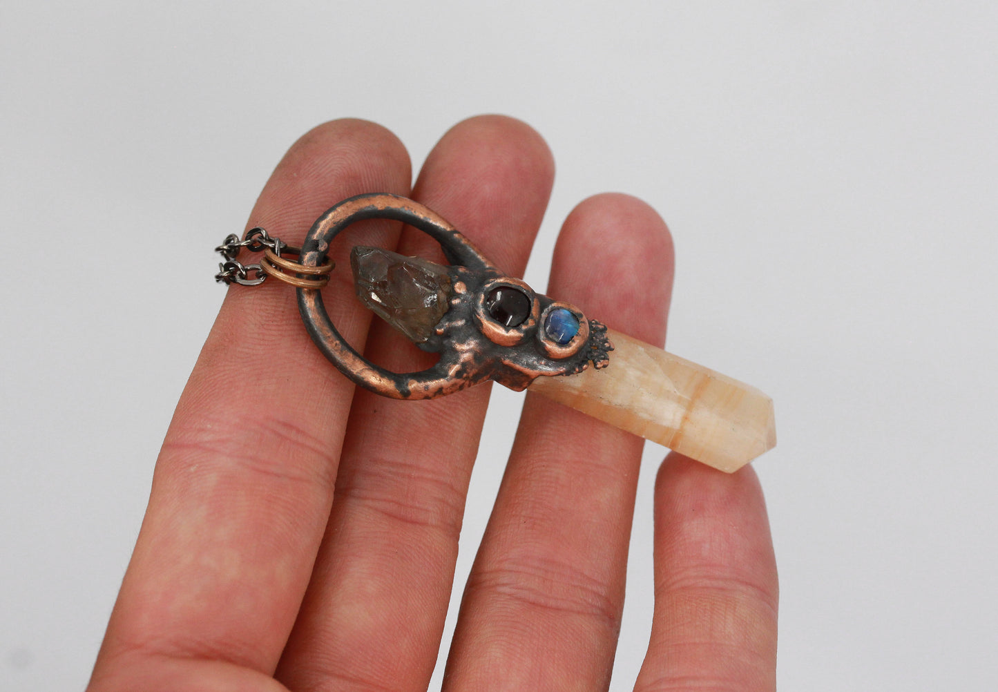 Orange Calcite, Smoky Quartz & Garnet Necklace