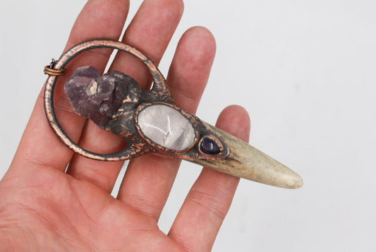 Deer Antler, Rose Quartz & Amethyst Necklace