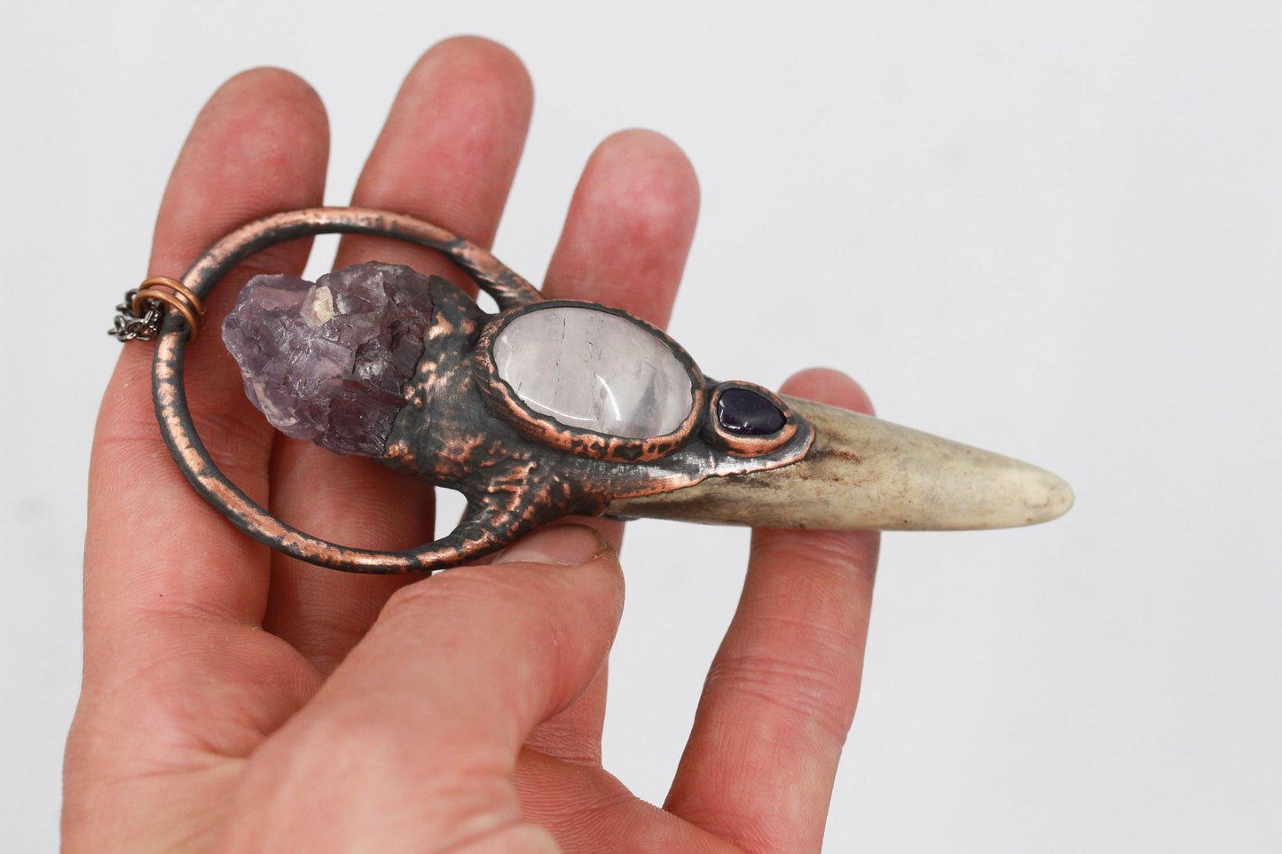 Deer Antler, Rose Quartz & Amethyst Necklace