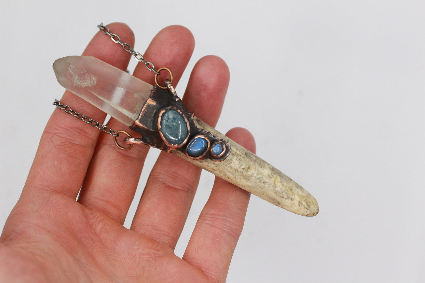 Deer Antler, Quartz & Aquamarine Necklace