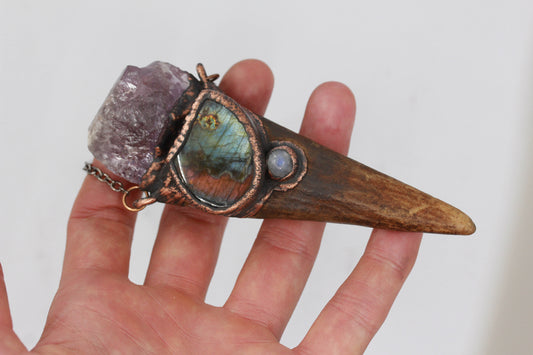 Large Deer Antler, Amethyst & Labradorite Necklace