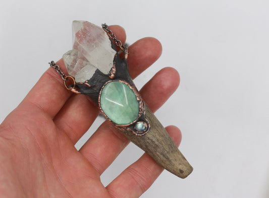 Deer Antler, Quartz & Fluorite Necklace