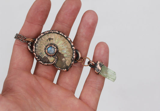 Opalised Ammonite, Moonstone & Calcite Necklace
