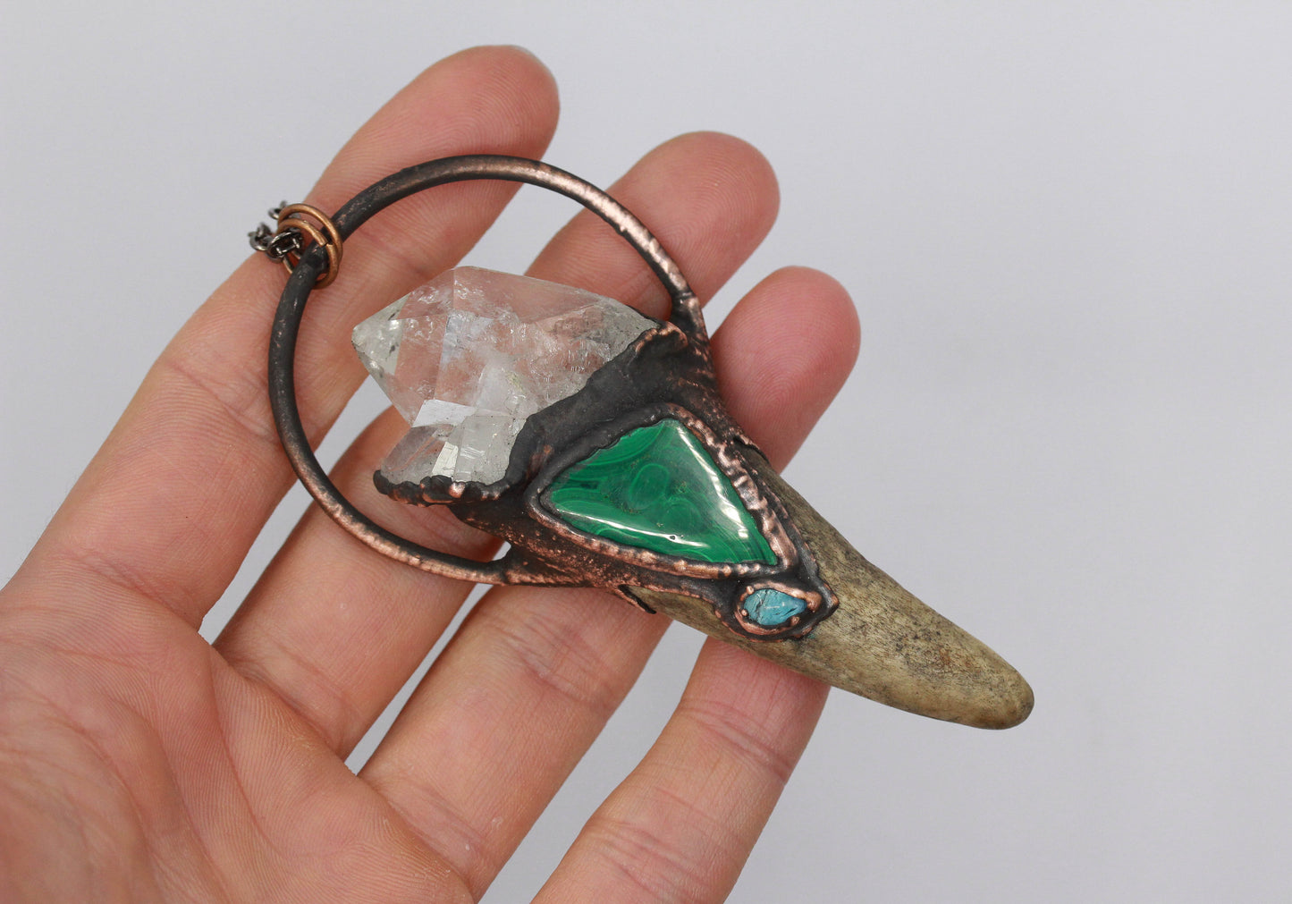 Deer Antler, Quartz & Malachite Necklace
