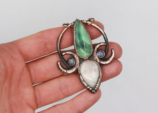 Fluorite, Rose Quartz & Moonstone Moon Necklace