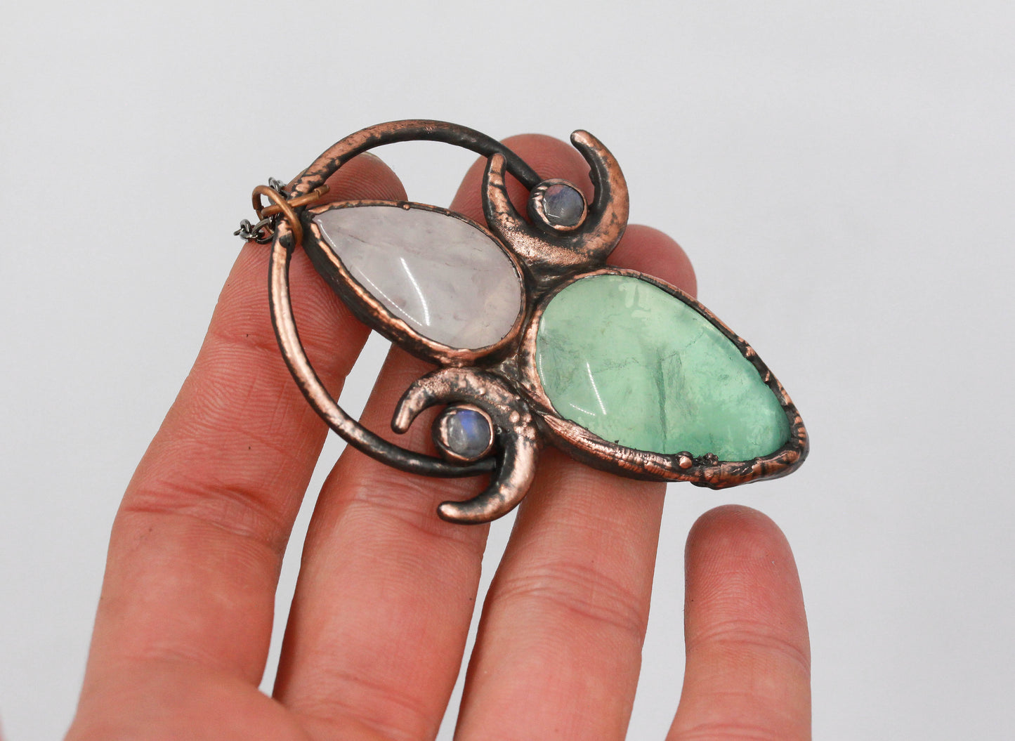 Fluorite, Rose Quartz & Moonstone Moon Necklace