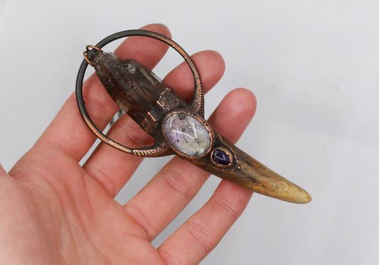 Deer Antler, Rutilated Smoky Quartz & Amethyst Necklace