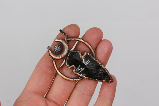 Obsidian Arrowhead & Moonstone Moon Necklace