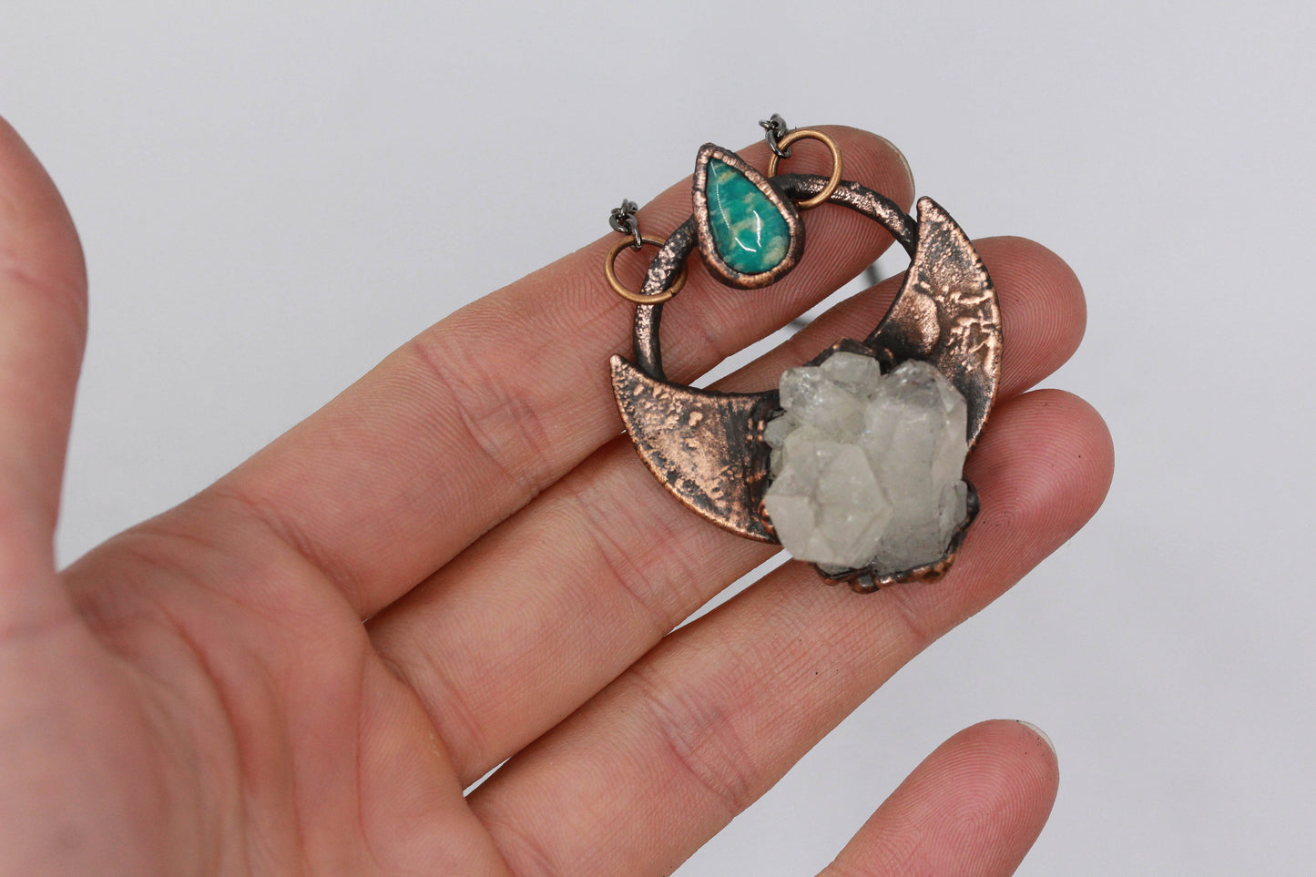 Quartz & Amazonite Moon Pendant