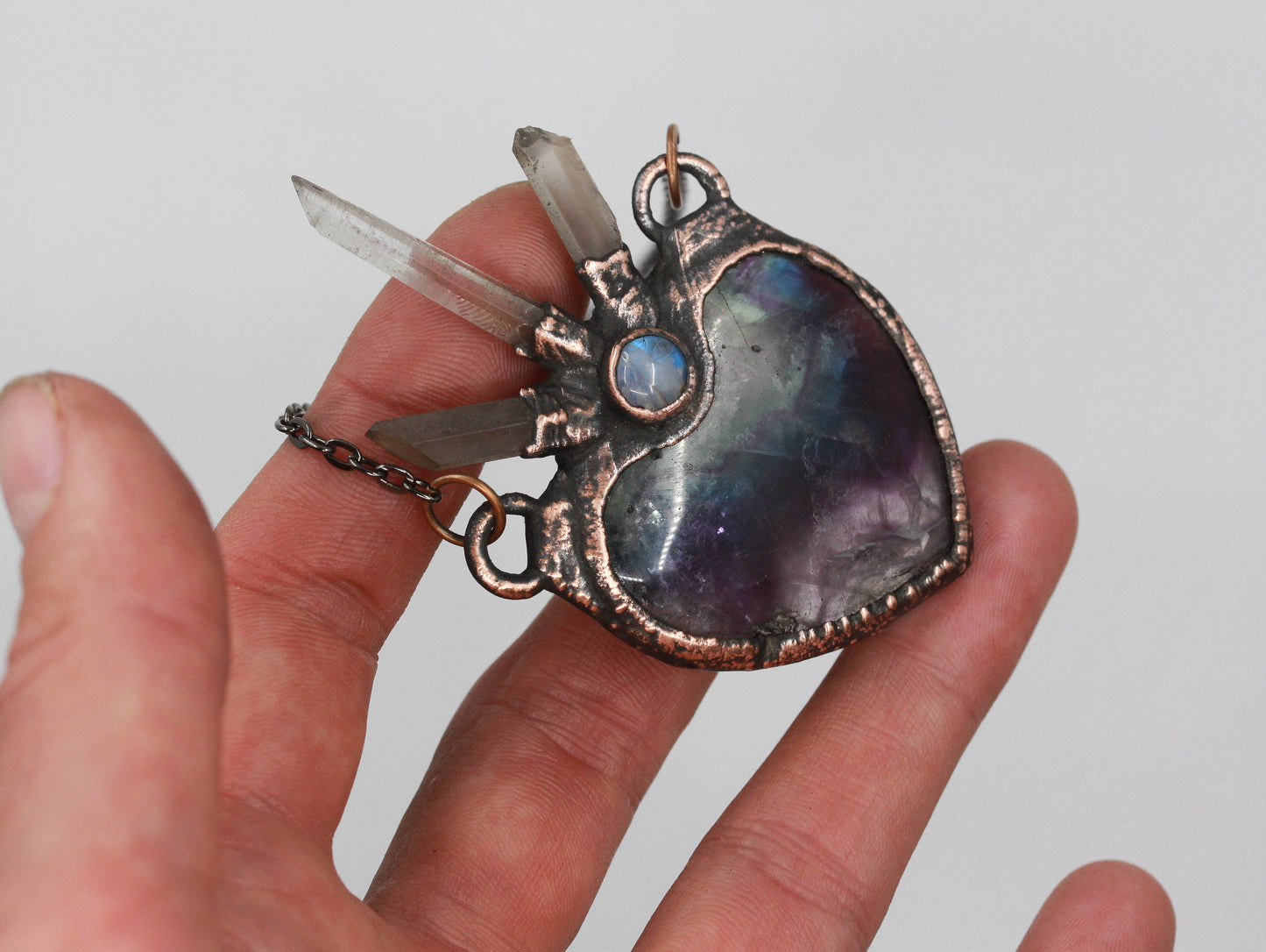 Fluorite, Quartz & Moonstone Heart Necklace