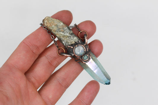 Aqua Aura Quartz, Green Kyanite & Moonstone Necklace