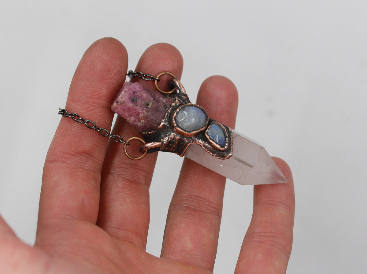 Rose Quartz, Ruby & Moonstone Necklace