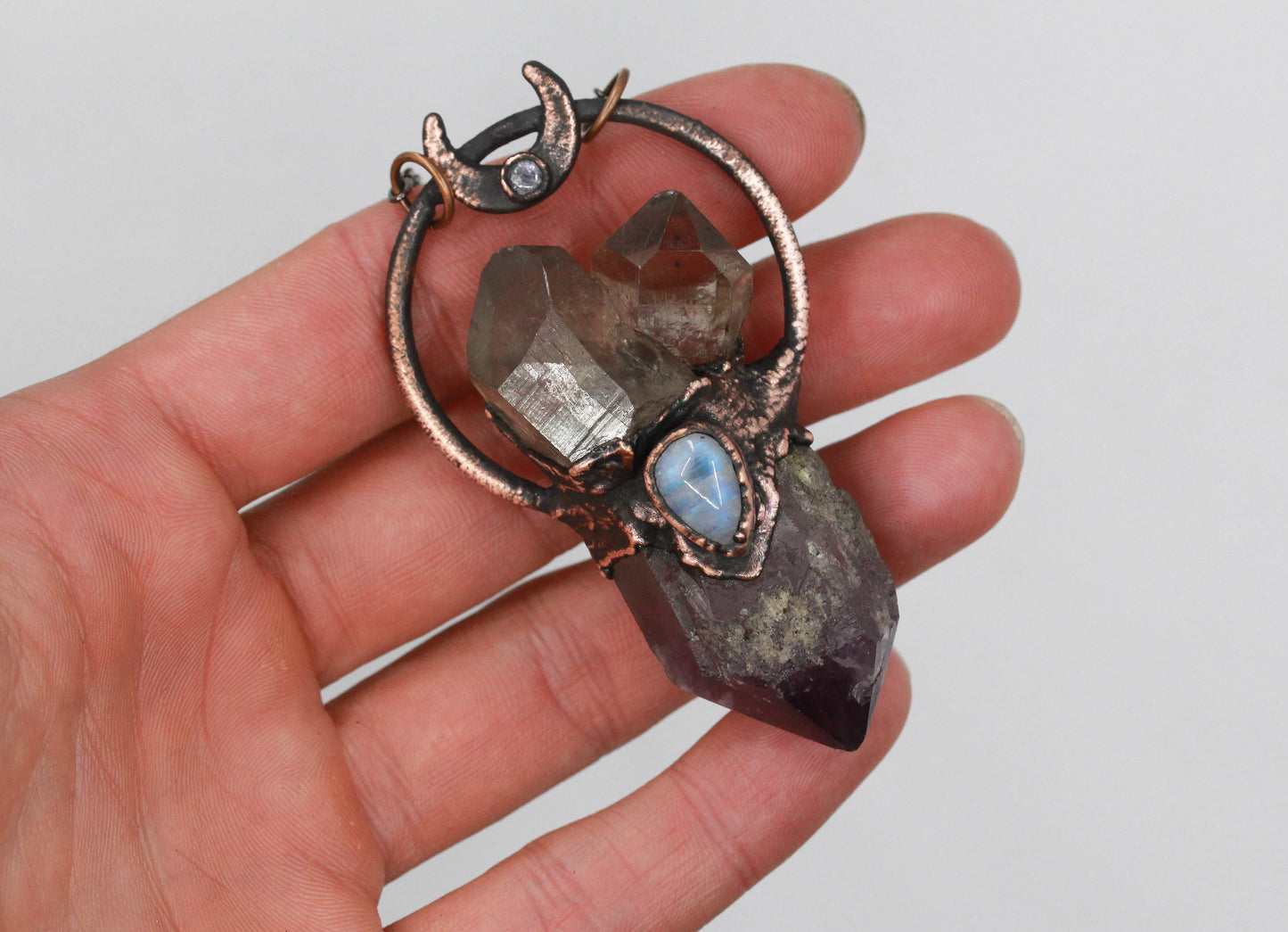 Amethyst, Smoky Quartz & Moonstone Moon Necklace