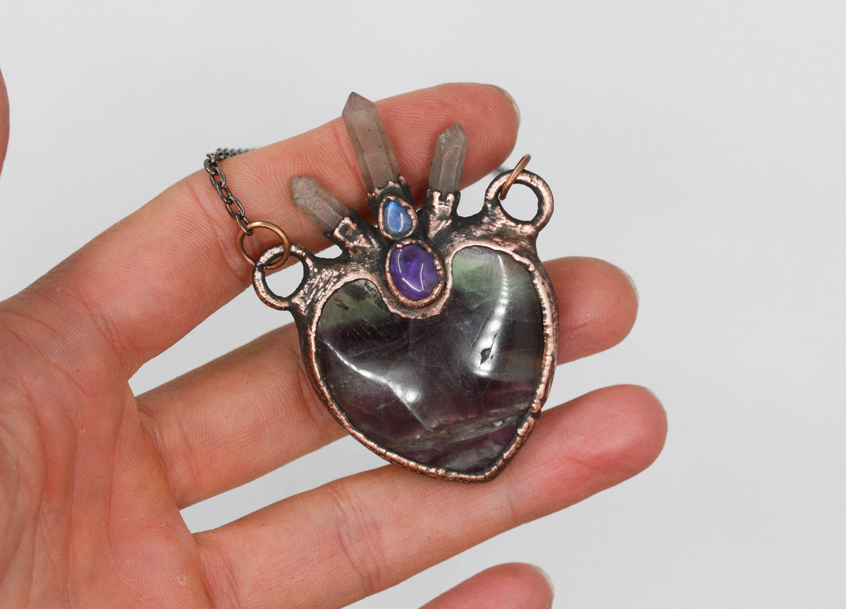 Fluorite, Amethyst & Moonstone Heart Necklace