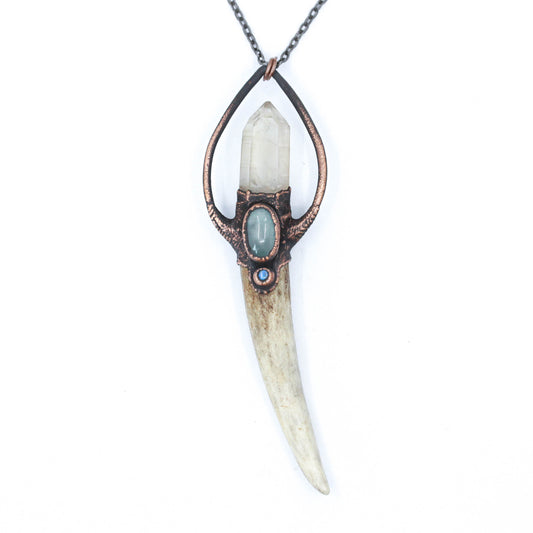 Deer Antler, Quartz & Aquamarine Crystal Necklace