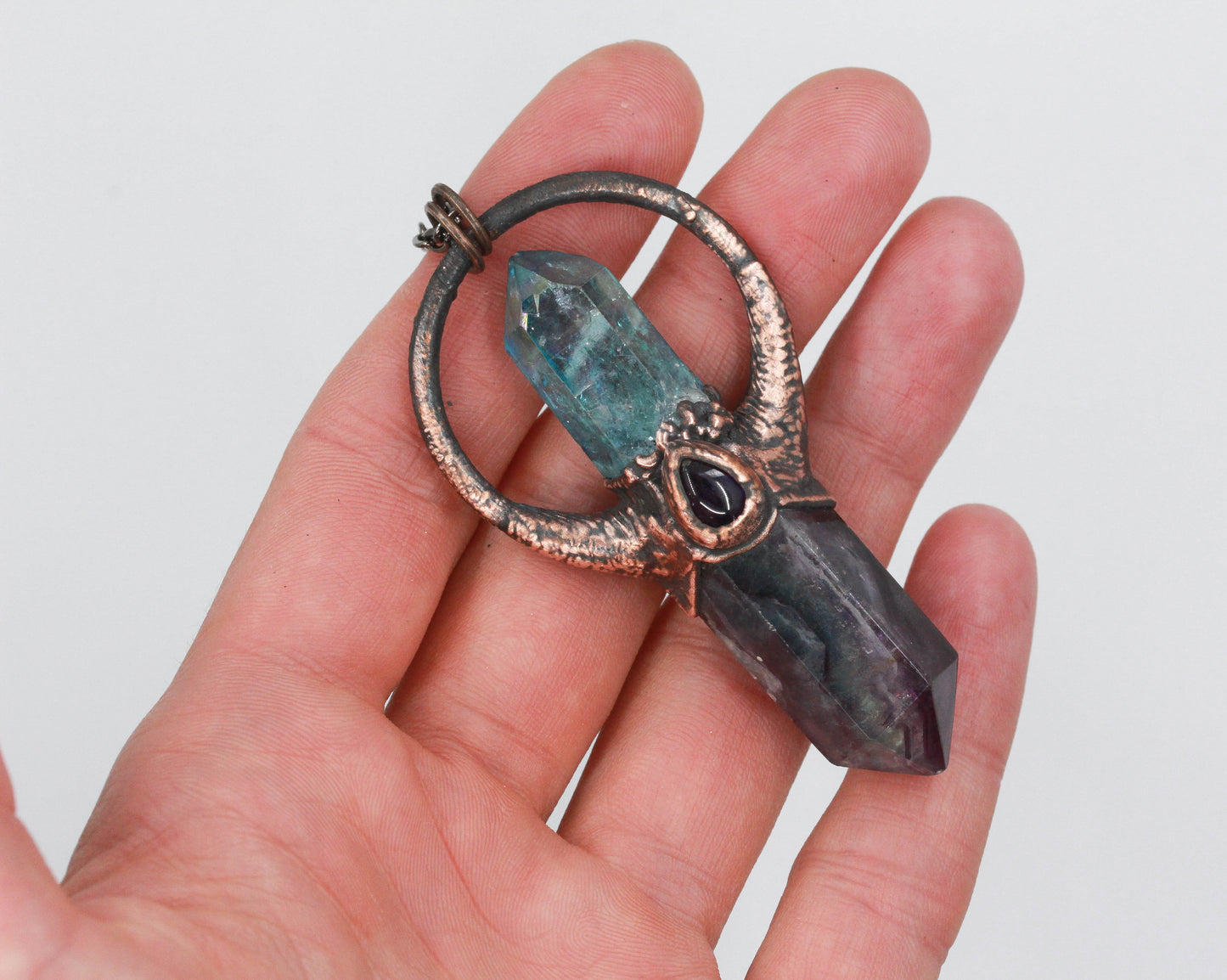 Aqua Aura Quartz, Fluorite & Amethyst Necklace