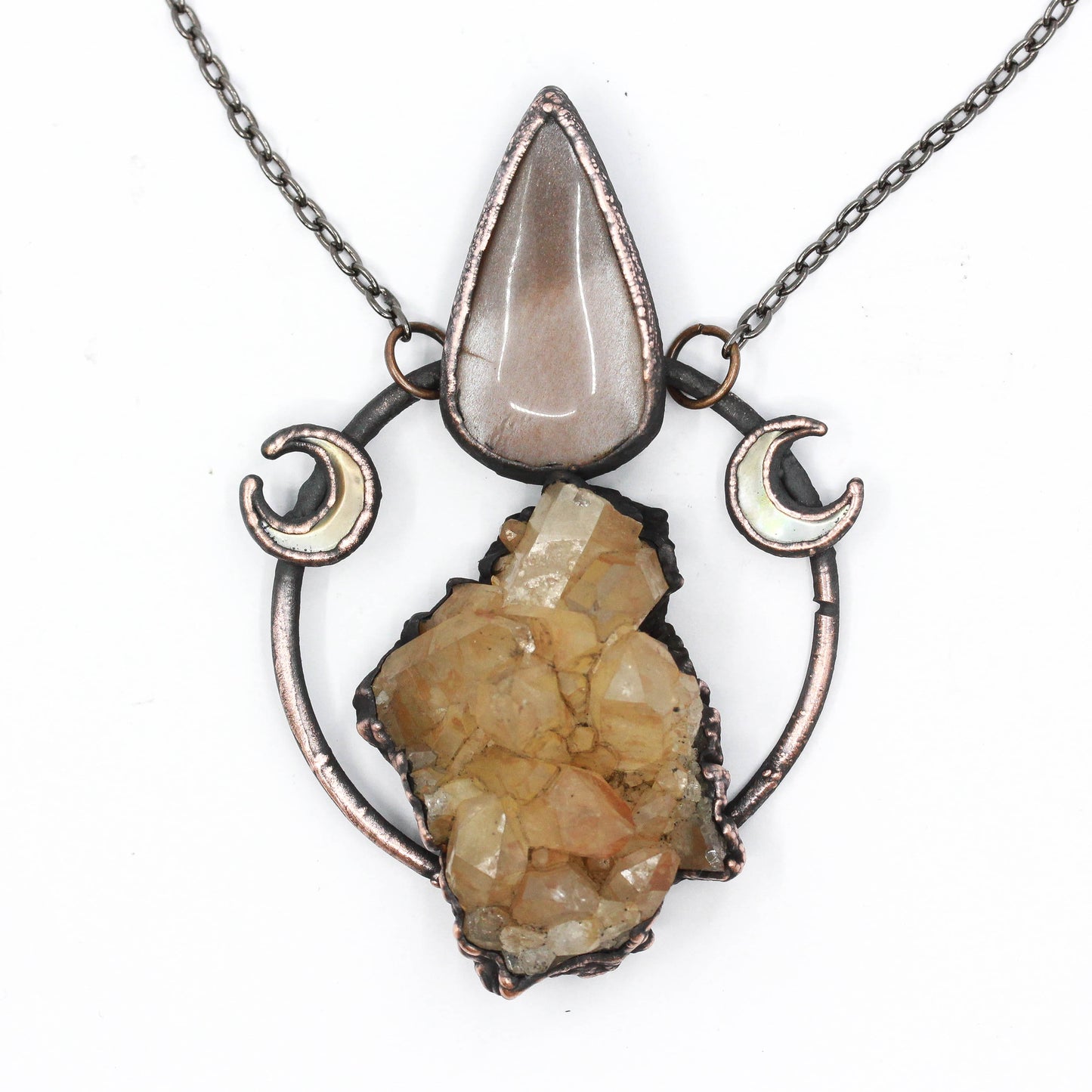 Tangerine Quartz, Peach Moonstone & Abalone Moon Necklace