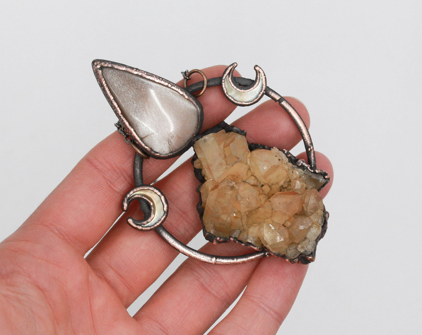 Tangerine Quartz, Peach Moonstone & Abalone Moon Necklace