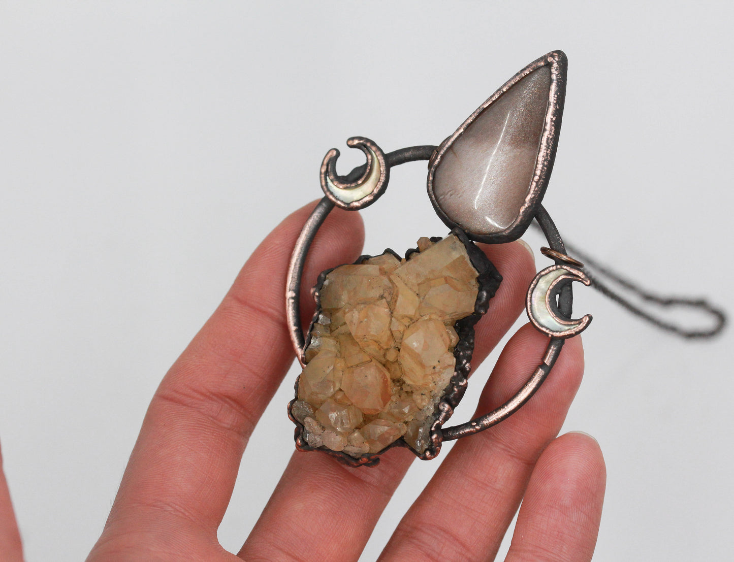 Tangerine Quartz, Peach Moonstone & Abalone Moon Necklace