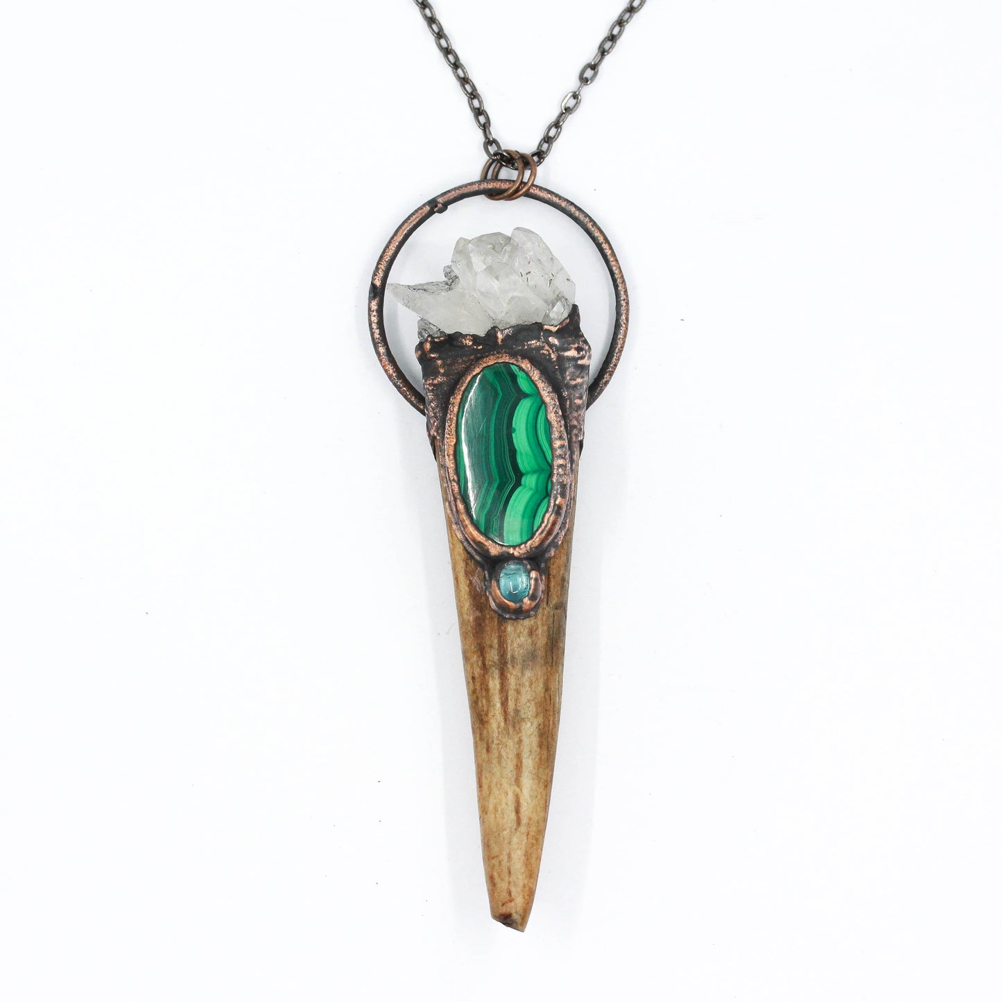 Deer Antler Tip, Quartz & Malachite Necklace