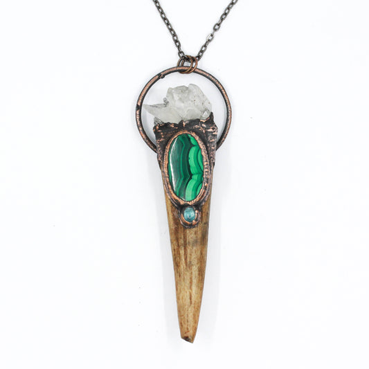 Deer Antler Tip, Quartz & Malachite Necklace