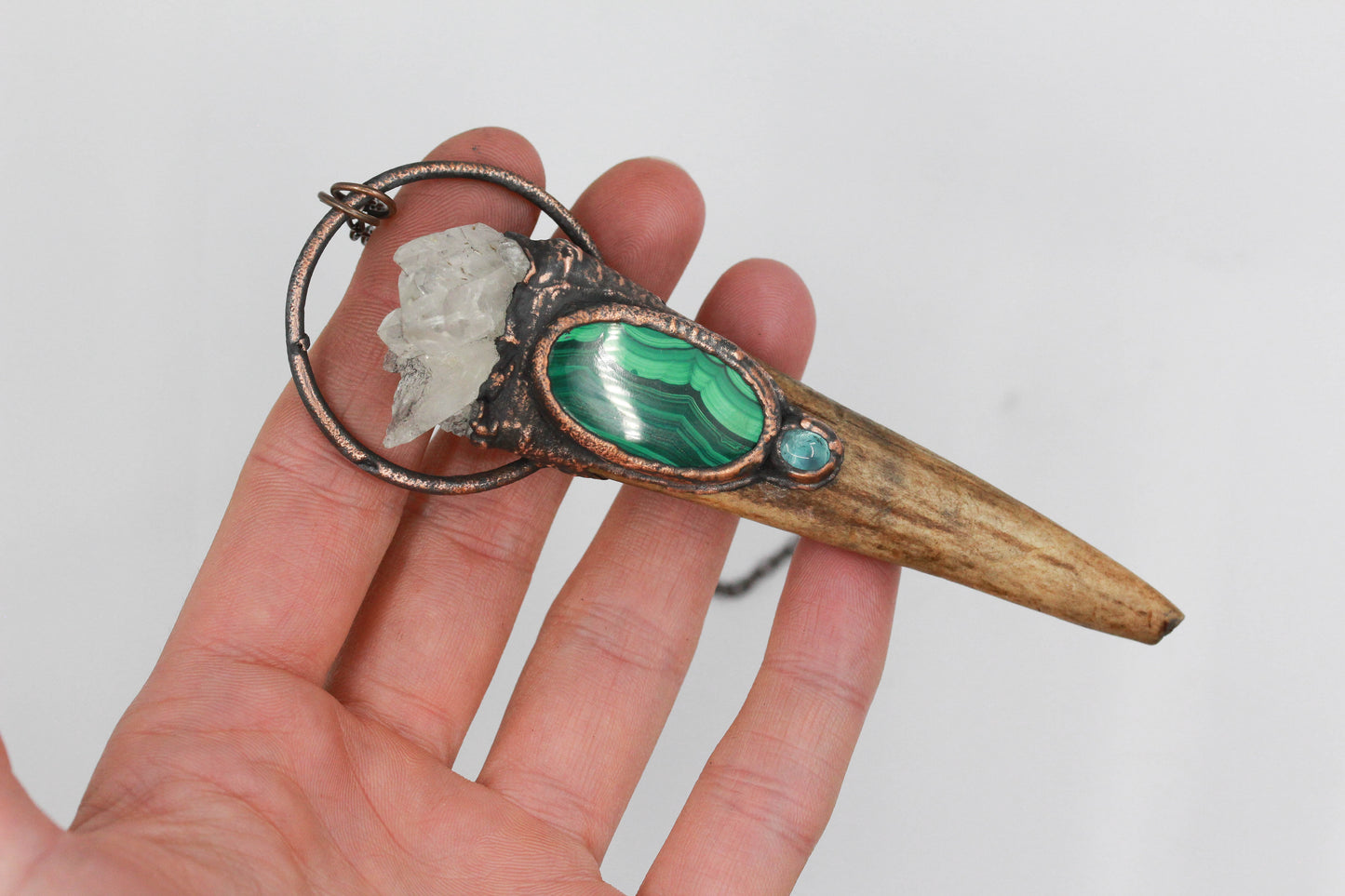 Deer Antler Tip, Quartz & Malachite Necklace